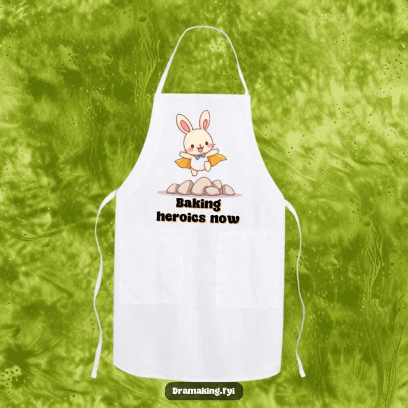Funny apron with a playful bunny wearing a cape, leaping over small obstacles, ideal for chefs with energy.