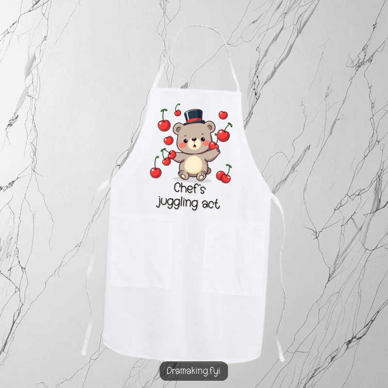 Funny Bear Apron with a silly bear in a top hat juggling oversized cherries, designed for kitchen fun and charm.