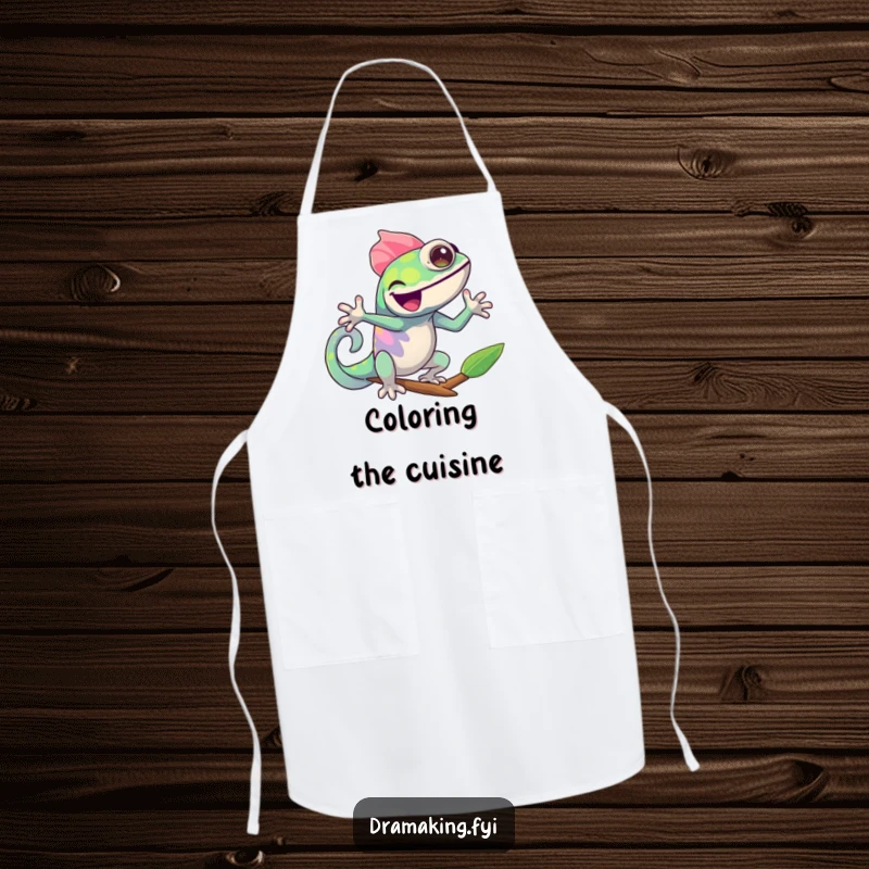 Funny Chameleon Apron: A cheerful chameleon joyfully changing colors in a dramatic pose, a humorous kitchen accessory for cooks.
