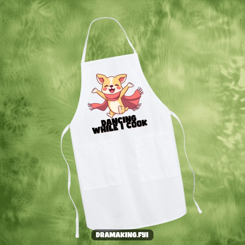 Funny dog ballet apron showing a joyful dog in a flamboyant scarf performing a ballet pose, ideal for kitchen wear.
