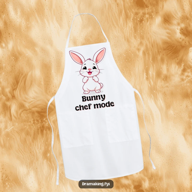 Funny dramatic rabbit apron, cheerful with oversized ears, striking a pose, kitchen wear with theatrical flair.
