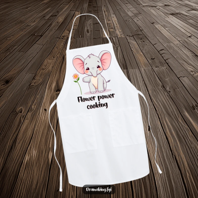 Funny Elephant Calf Balancing Apron: A joyful elephant calf balances with a flower while cooking, a heartwarming and funny gift.