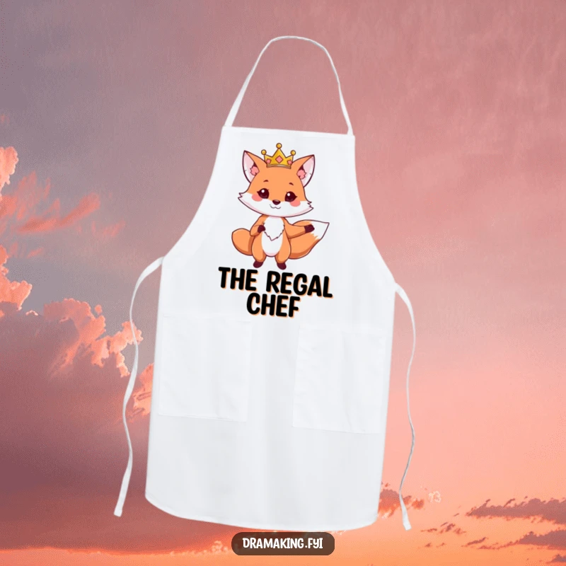 Funny apron with a cute fox wearing a crown, striking a dramatic pose, ideal for commanding the kitchen with flair.