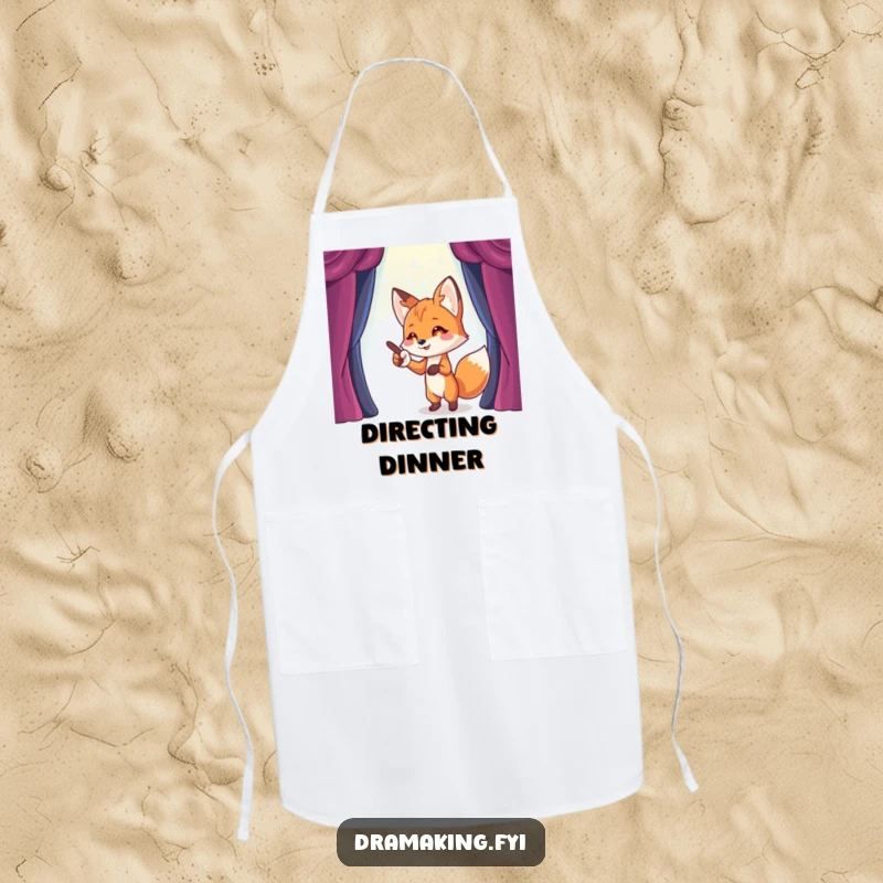Funny Fox Stage Director Apron showing a playful fox pointing towards an imaginary stage, ready for funny culinary direction.