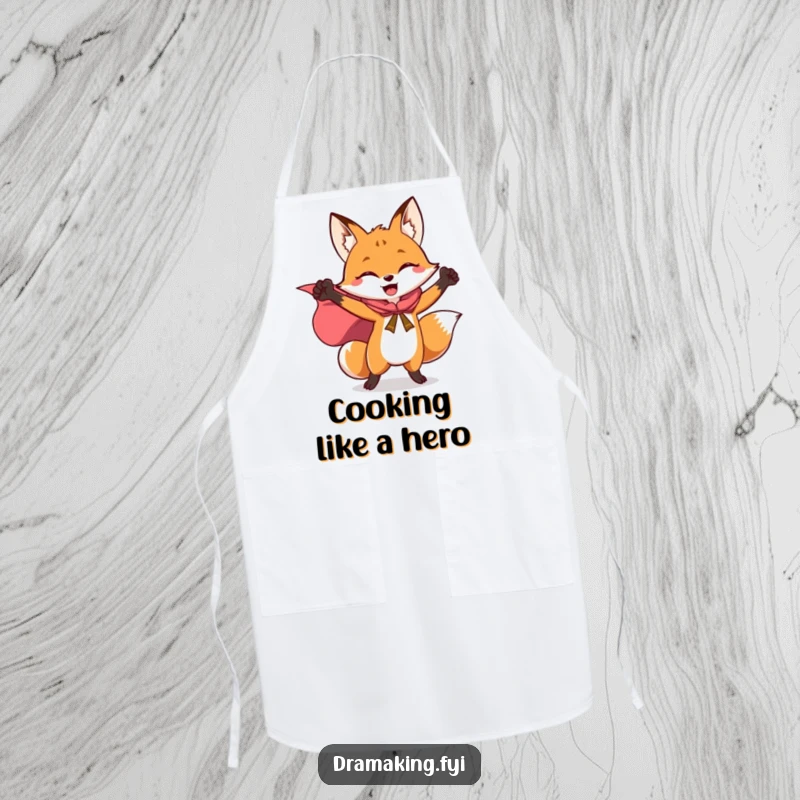 Funny apron of a joyful fox in a flowing superhero cape, striking a triumphant pose, ready for kitchen battles.