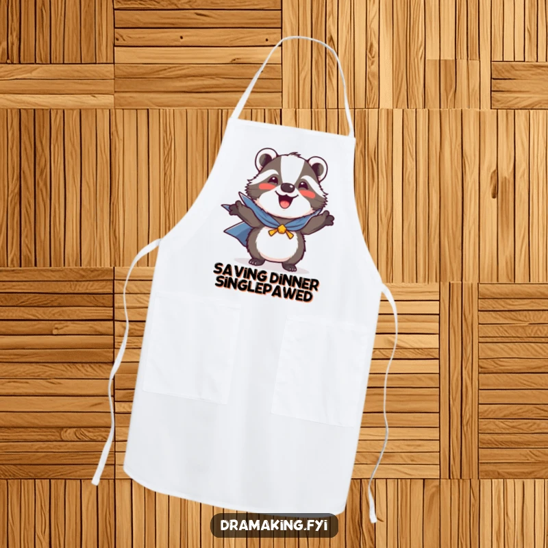 Funny apron featuring a joyful badger in a heroic pose, wearing a tiny cape, ready to tackle any culinary challenge.