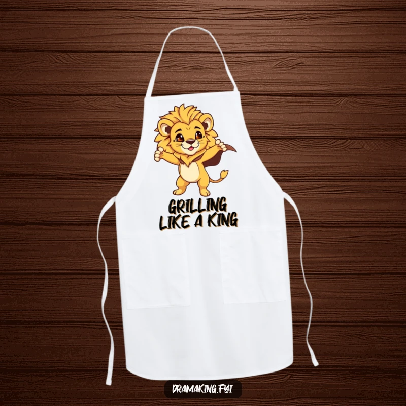 Funny Lion Cub Apron: A proud lion cub in a dramatic cape strikes a pose, ready to conquer the kitchen, a funny cooking gift.