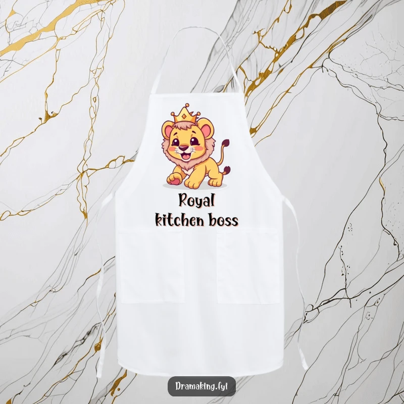 Funny apron featuring a lion cub in a crown playfully pouncing, perfect for a chef with a playful and commanding presence.