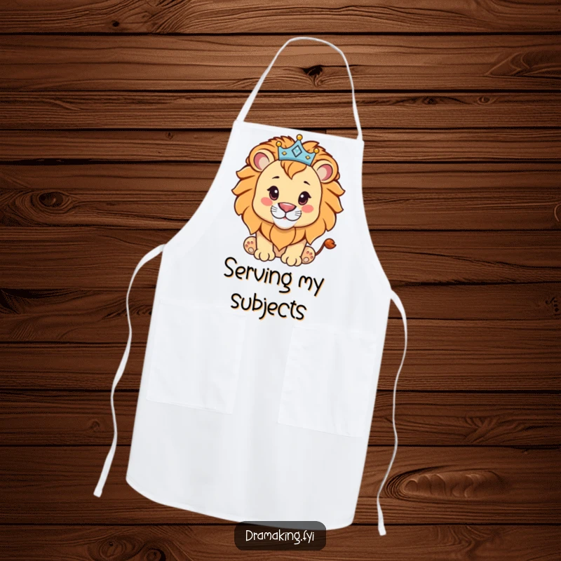 Funny lion cub wearing a sparkly crown, featured on a kitchen apron, a proud and humorous cooking accessory.