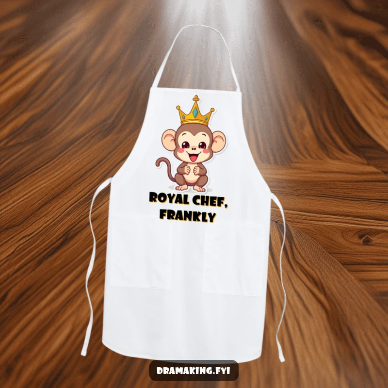 Funny monkey apron, depicting a playful monkey wearing a crown and striking a regal yet silly pose, humorous kitchen wear.