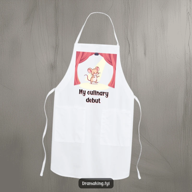 Funny apron design of a timid mouse tiptoeing across a stage with a spotlight shining, ideal for kitchen fun and protection with humor.