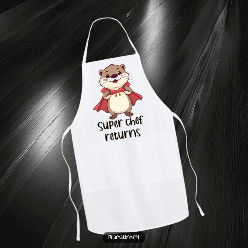 Funny Otter Hero Apron showing a cheerful otter in a cape striking a flamboyant, confident pose, ready for funny kitchen adventures.