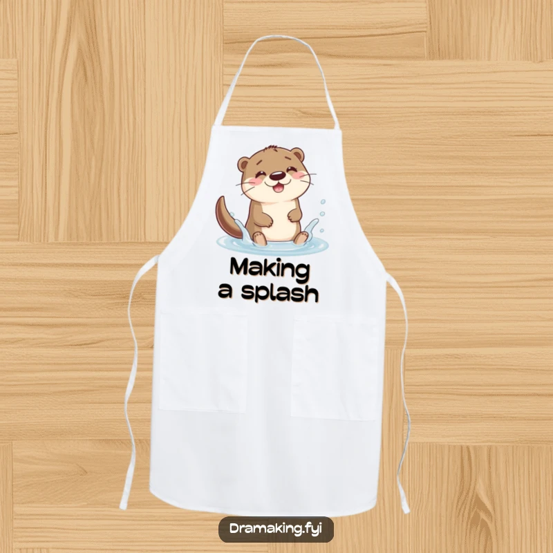 Funny otter character splashing joyfully in a puddle on a kitchen apron, bringing playful cheer to cooking.