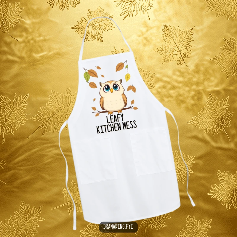 Funny Owl Apron: A wide-eyed owl looks up in comical surprise as oversized leaves fall around it while cooking.