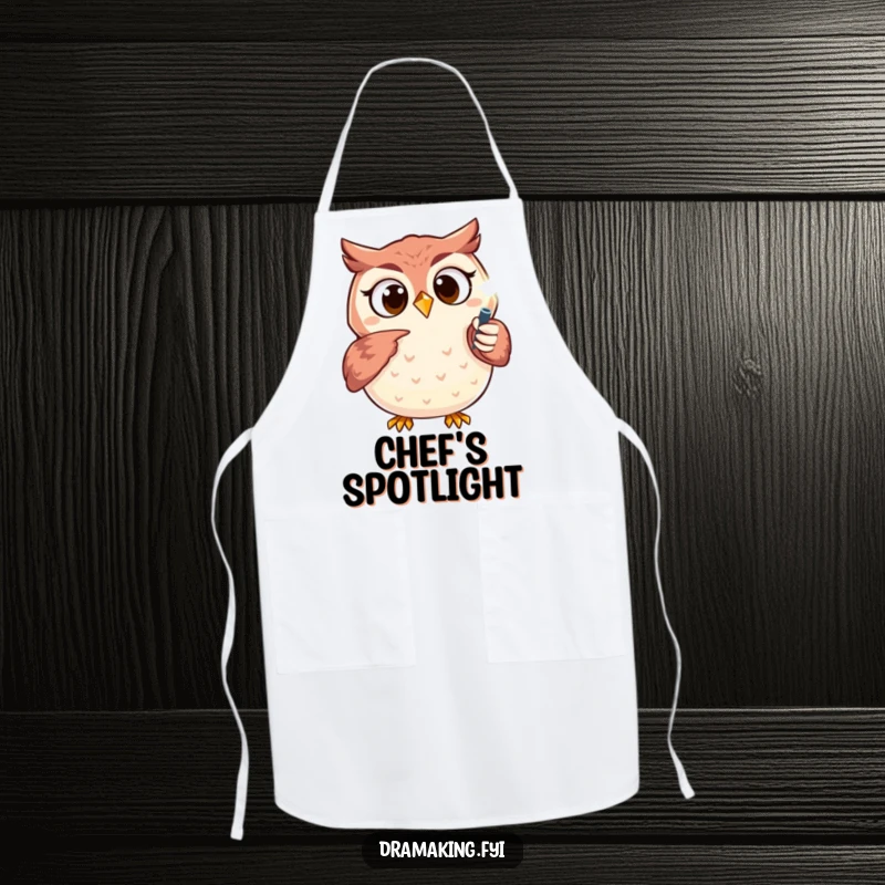 Funny owl apron showing an excited character pointing at a sparkling spotlight, perfect for kitchen performances and cooking.