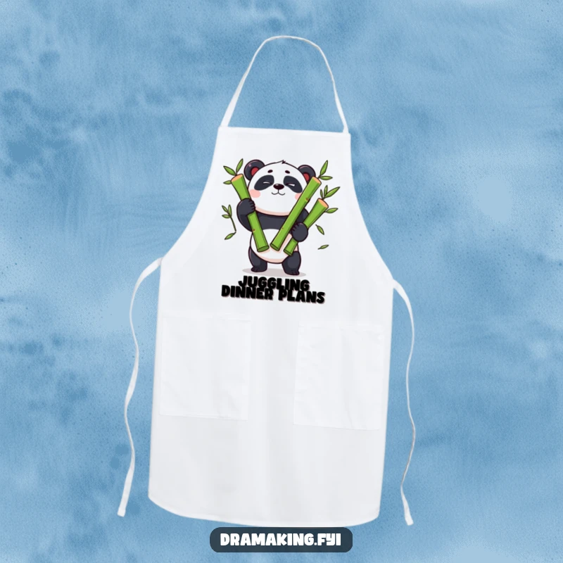 Funny panda apron, theatrical wink, juggling three oversized bamboo shoots, a whimsical and practical kitchen item.