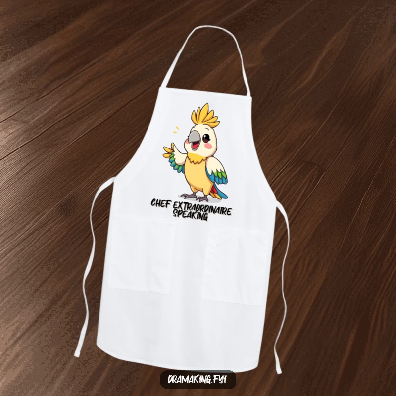 Funny parrot announcement apron showing a proud, colorful parrot dramatically declaring something, perfect for kitchen tasks.
