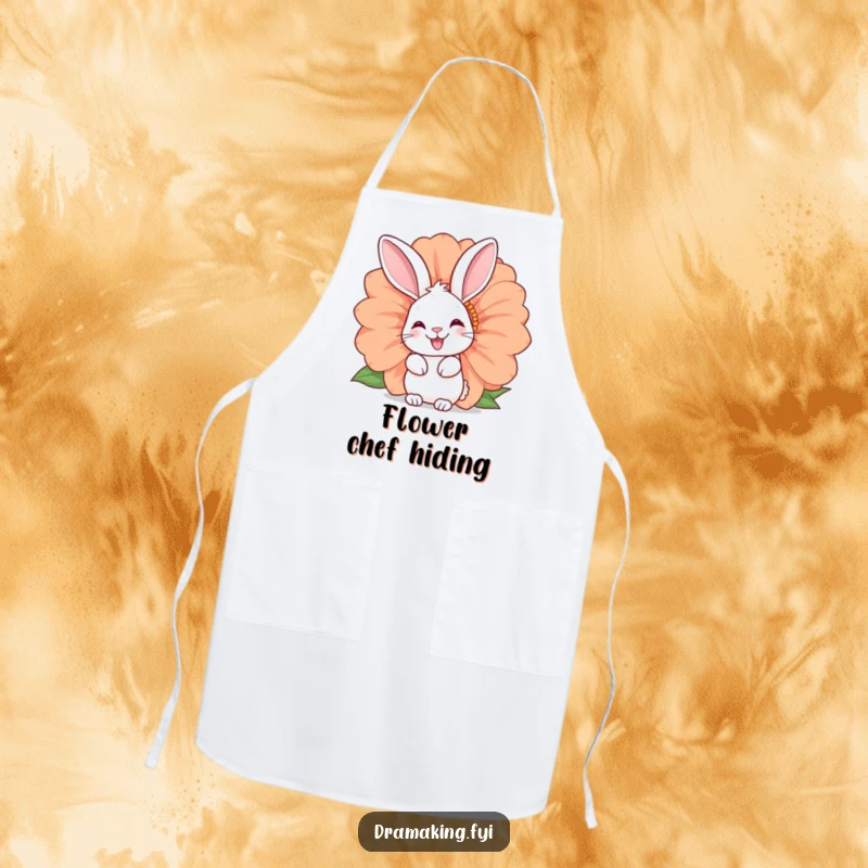 Funny rabbit apron featuring a happy bunny peeking from a large flower. Great for cooking and adds humor to the kitchen.