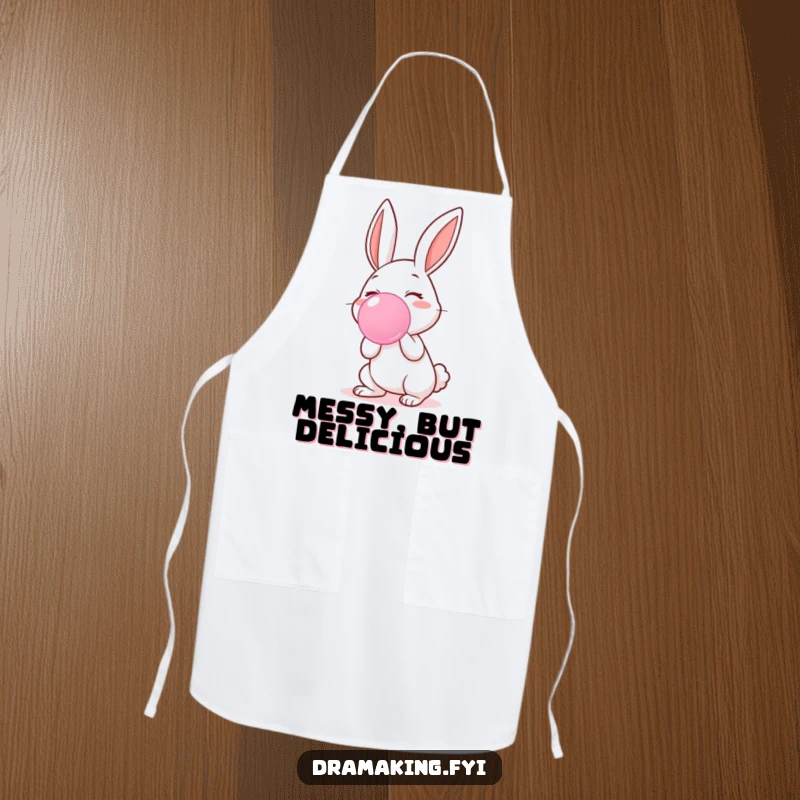 Funny apron showcasing a happy rabbit character in the midst of blowing a massive, pink bubblegum bubble, perfect for kitchen fun.