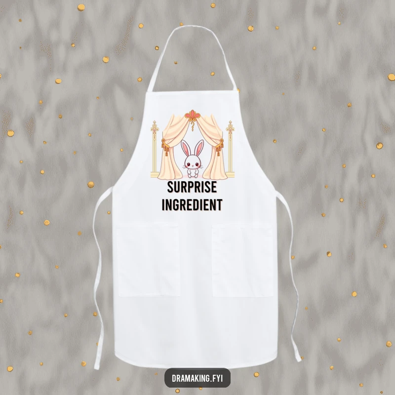 Funny rabbit apron showing a curious character peeking from behind an ornate curtain, perfect for kitchen intrigue and cooking.
