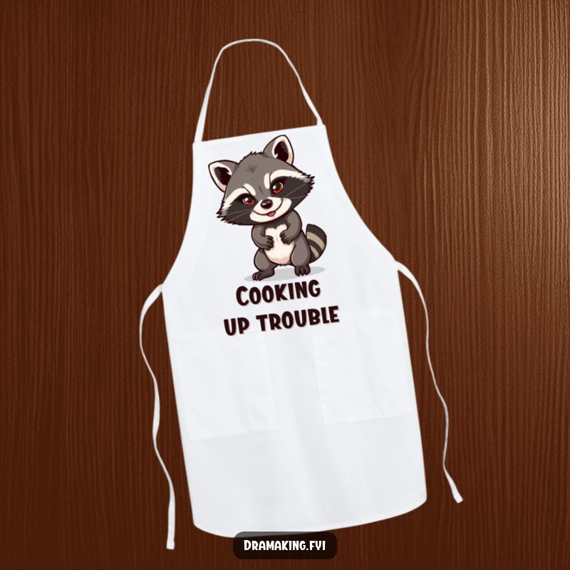 Funny raccoon apron with a playful character striking a dramatic pose and a sly smile, ideal for kitchen activities and adding humor.