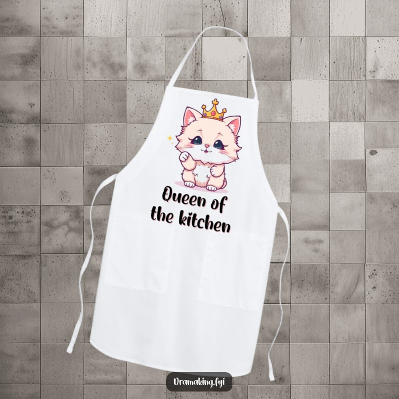 Funny apron with a fluffy cat wearing a crown, dramatically pointing at a sparkling object, for humorous cooking.