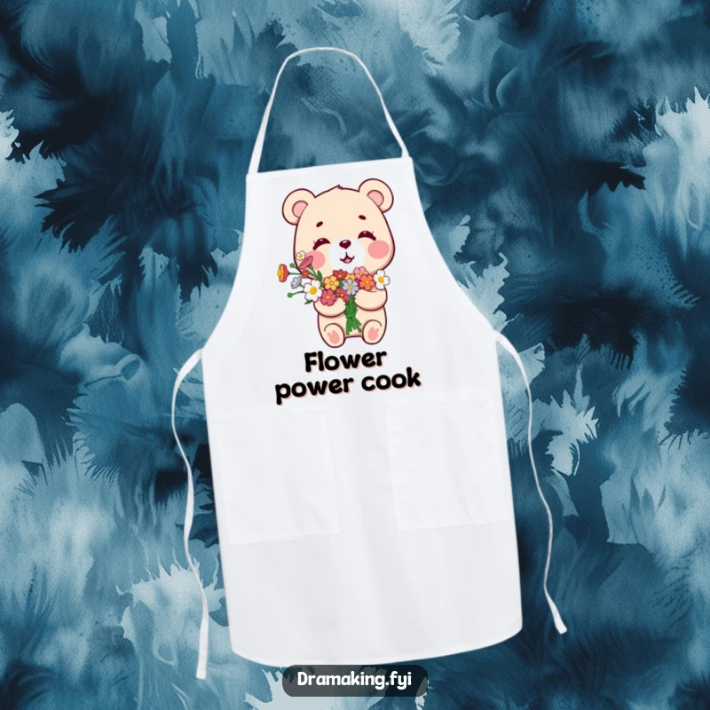 Funny Smug Bear Apron, depicting a small bear with a bouquet of flowers, looking overly pleased with itself, great for kitchen fun.