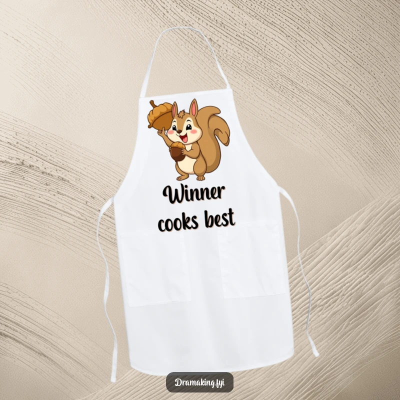 Funny happy squirrel character holding a giant acorn, theatrical triumphant stance, chef apron, kitchen humor.