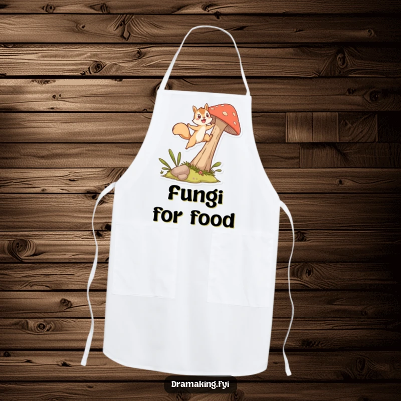 Funny Apron showing an energetic squirrel character mid-leap from a mushroom, designed for kitchen use with a humorous, active theme.