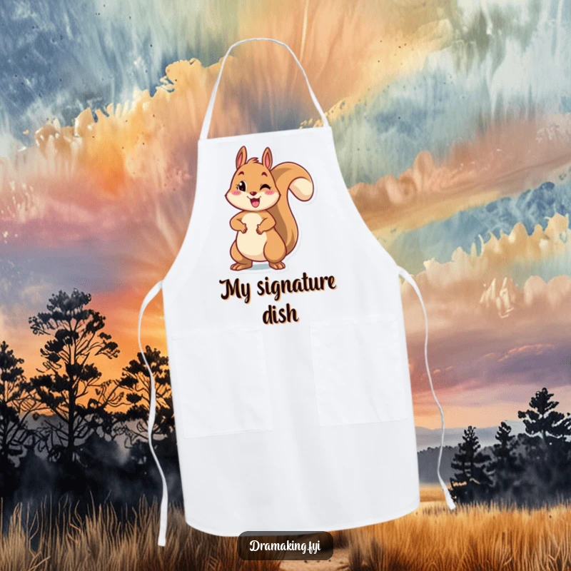 Funny apron design of a cheerful squirrel striking a dramatic pose with arms outstretched, ideal for kitchen fun and protection with humor.