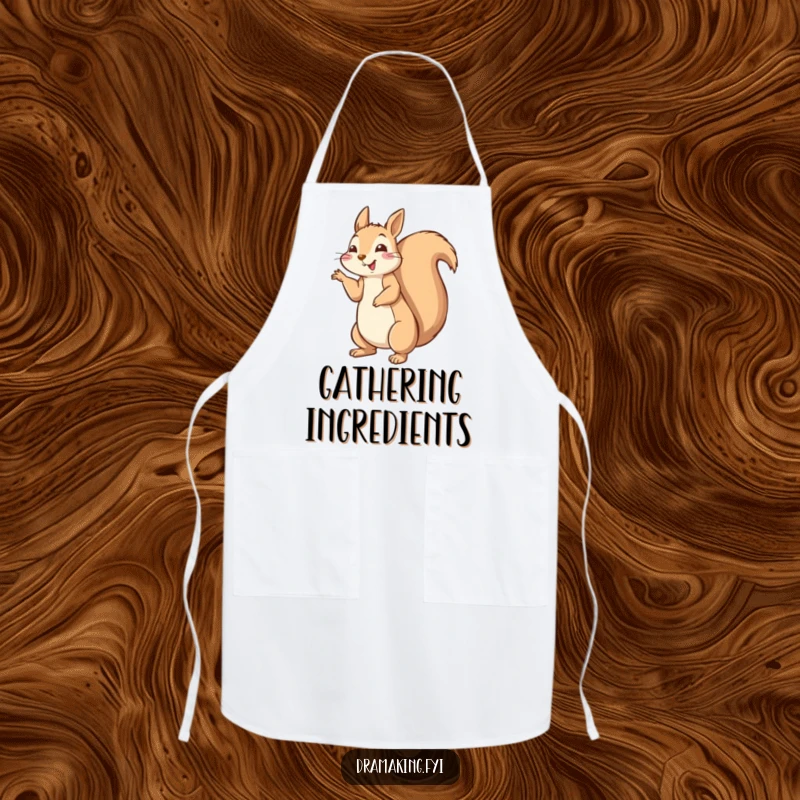 Funny happy squirrel apron striking a dramatic pose with tail fluffed high, kitchen wear with playful flair.