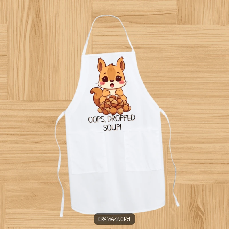 Funny Surprised Squirrel Apron showing a shocked squirrel dropping acorns, ready for funny kitchen mishaps.
