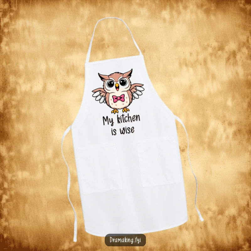 Funny apron with a triumphant owl wearing a bowtie, wings outstretched, hooting loudly, ready for kitchen triumphs.