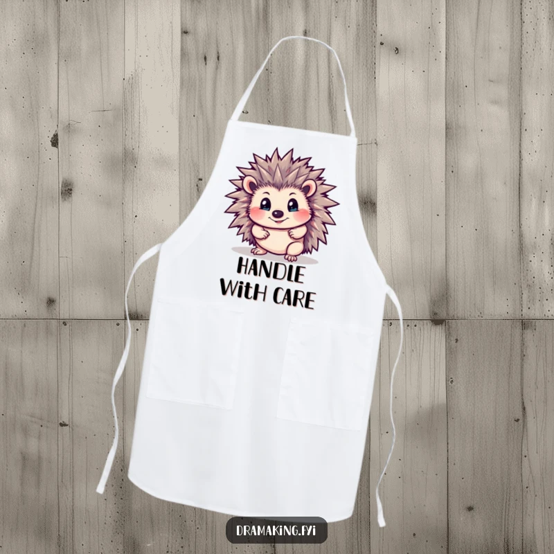 Funny Hedgehog Apron: A curious hedgehog with bristling spines in a dramatic pose, a humorous kitchen accessory for cooks.