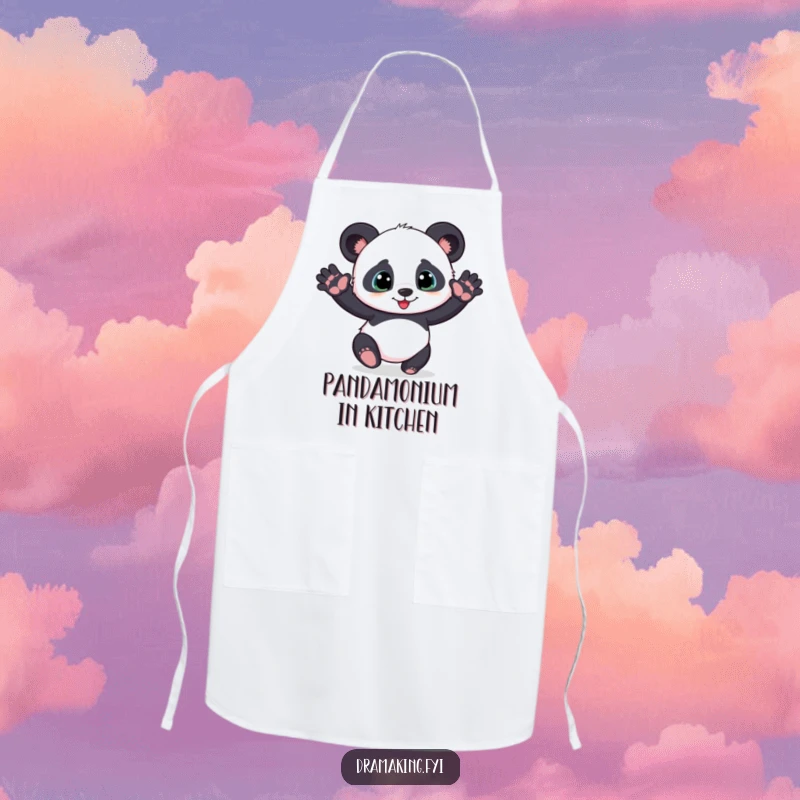 Funny playful panda cub apron striking a dramatic pose with outstretched paws, kitchen wear with playful flair.