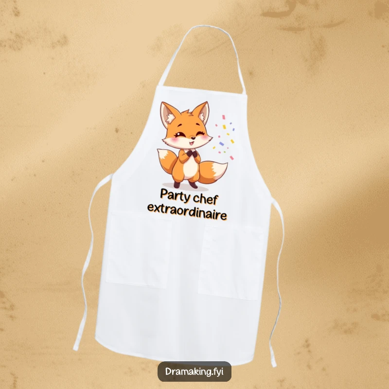 Funny fox apron, depicting a cute fox dramatically throwing confetti while posing, humorous kitchen wear for festive occasions.