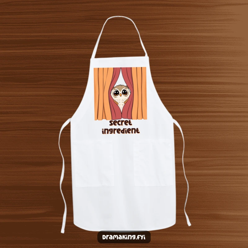 Funny Shy Owl Apron, depicting a curious owl peeking from behind a dramatic curtain, surprised by attention, great for kitchen fun.