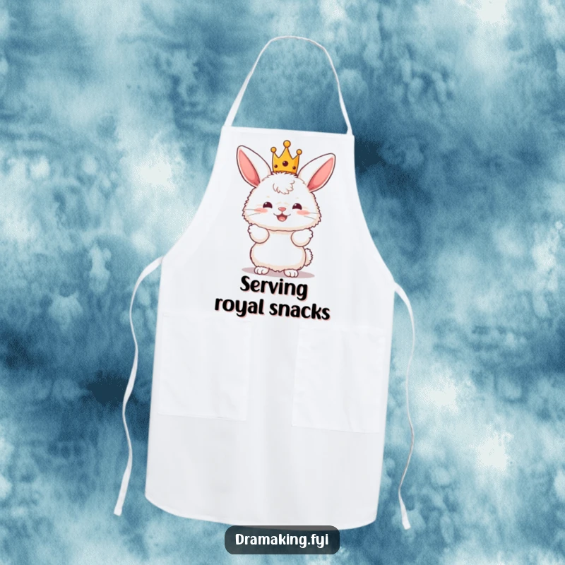 Funny Bunny King Apron with a fluffy bunny character wearing a tiny crown and posing dramatically, for cooking.