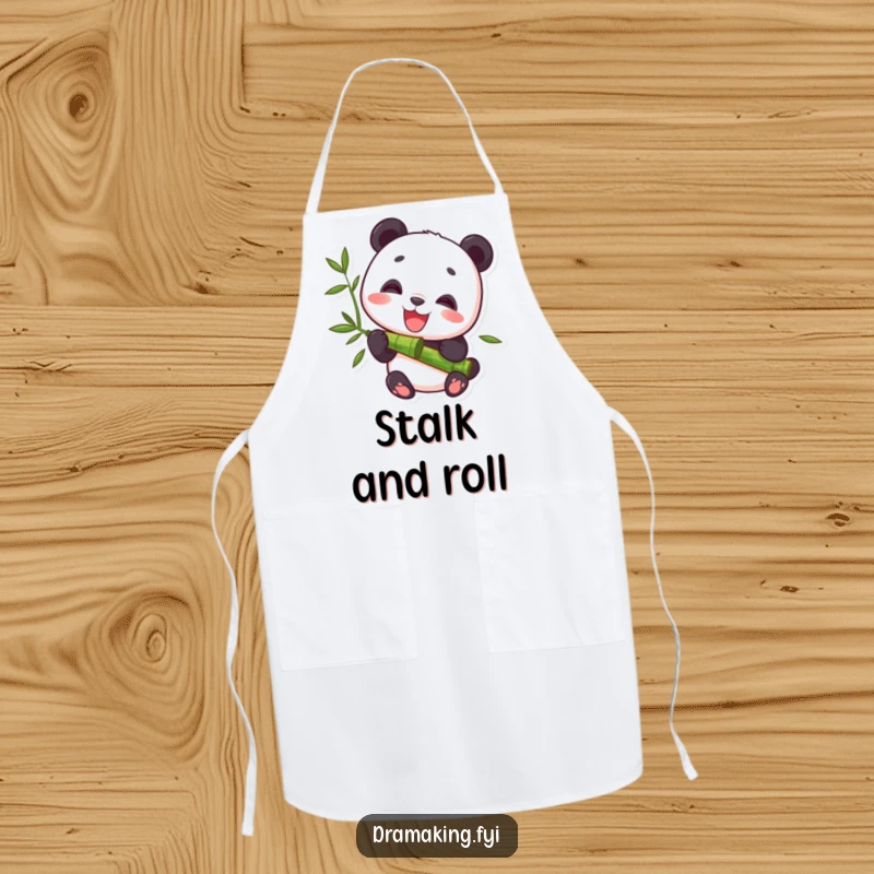 Funny Apron showing a delighted panda character peacefully munching bamboo, designed for kitchen use with a humorous, calm theme.