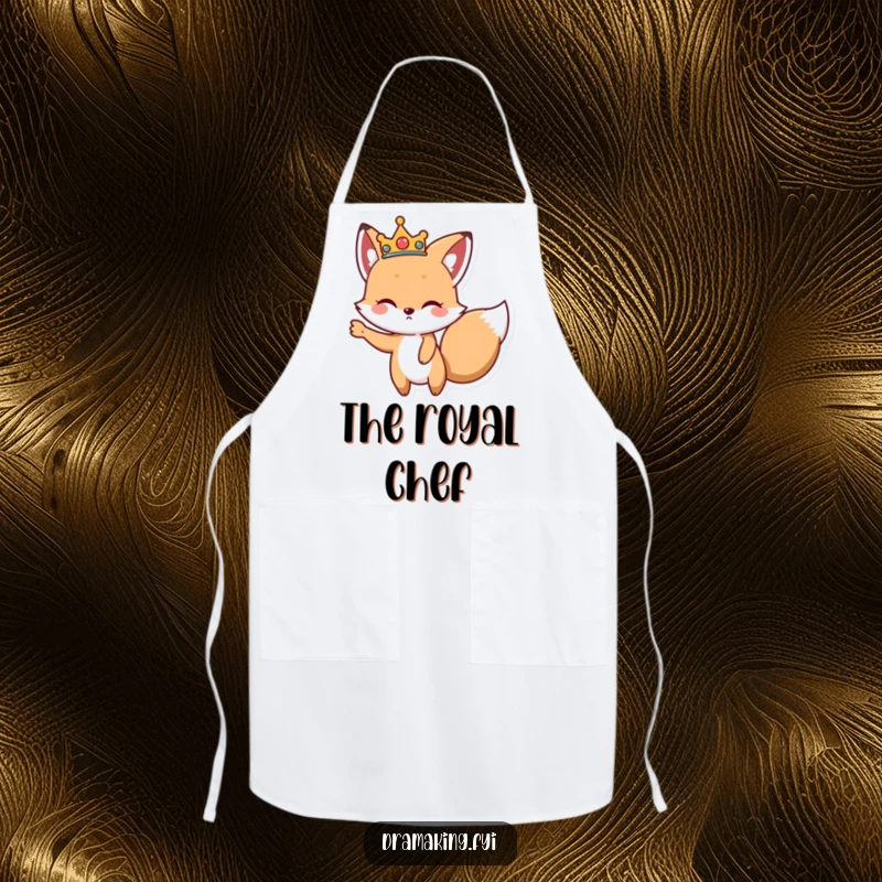 Funny Royal Fox Apron, depicting a cute fox wearing a crown, striking a dramatic pose, ideal for culinary royalty.