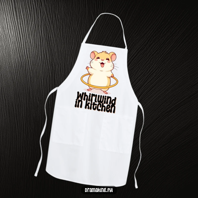 Funny apron with a cheerful hamster, excited and spinning a miniature hula hoop, for humorous kitchen activities.