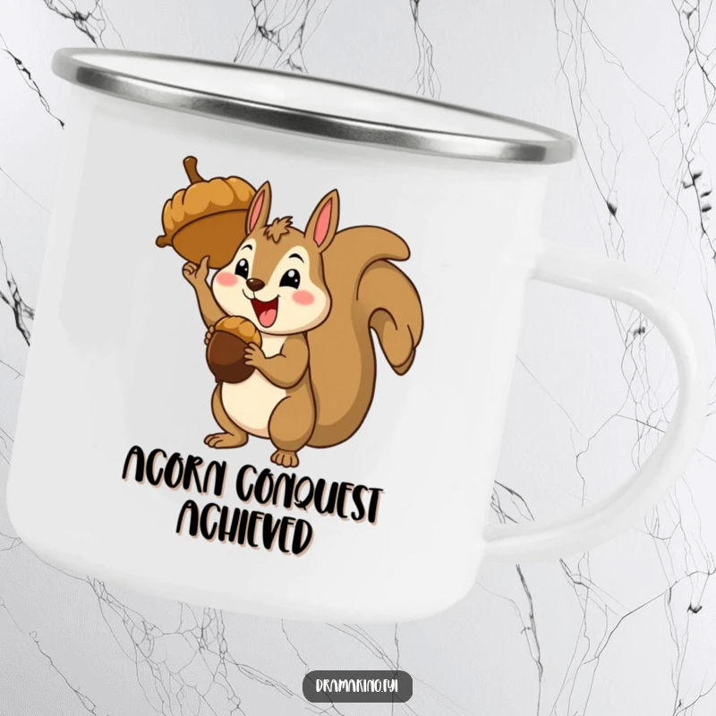 Funny happy squirrel character holding a giant acorn, theatrical triumphant stance, camping mug, outdoor humor.