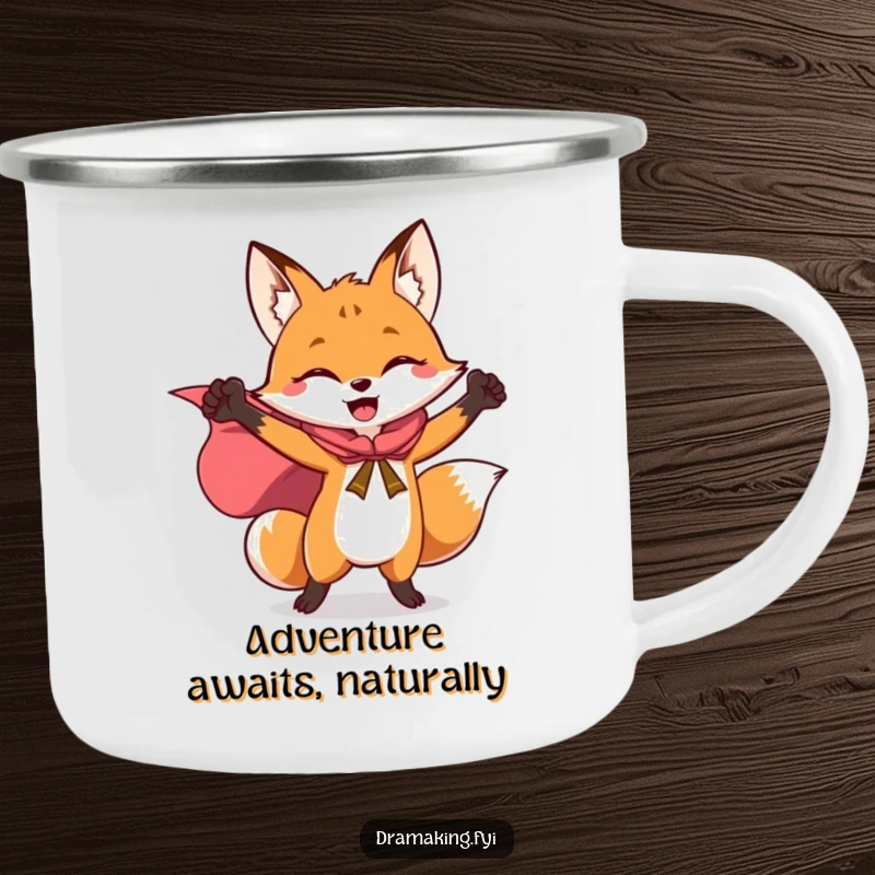 Funny camping mug with a triumphant fox in a flowing superhero cape, ready for heroic sips in the great outdoors.