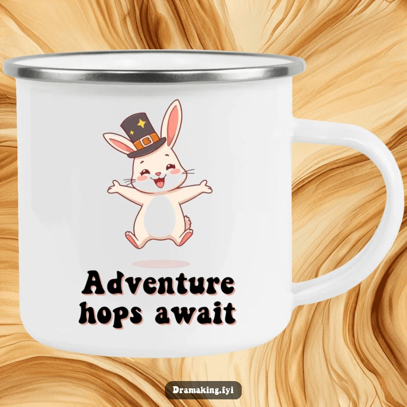 Funny Rabbit Hat Camping Mug showing a very happy rabbit wearing a fancy hat, jumping with glee, durable and cheerful.