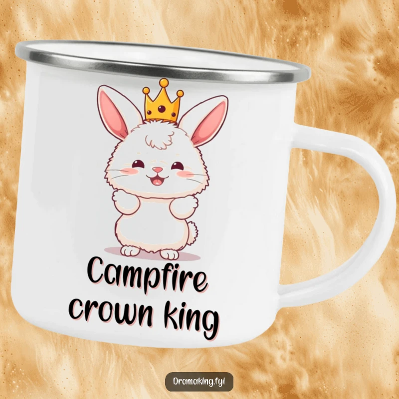 Funny Bunny King Camping Mug with a fluffy bunny character wearing a tiny crown and posing dramatically, for beverages.