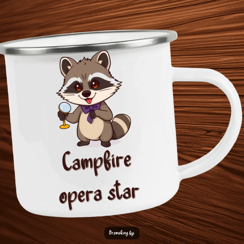 Funny Raccoon Camping Mug: A mischievous raccoon gestures with opera glasses, perfect for enjoying beverages outdoors with flair.