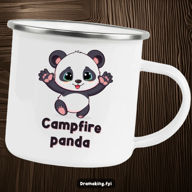 Funny playful panda cub camping mug striking a dramatic pose with outstretched paws, durable and humorous outdoor drinkware.