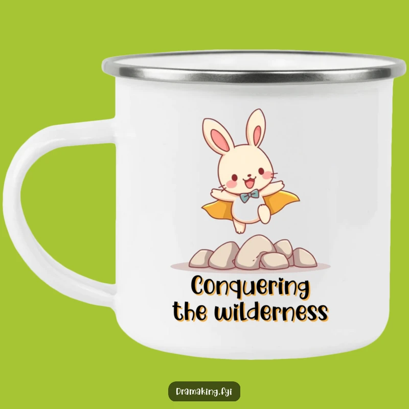 Funny Bunny Hero Camping Mug: Enamel Leaping Cup, Rugged & Hilarious Gift!
