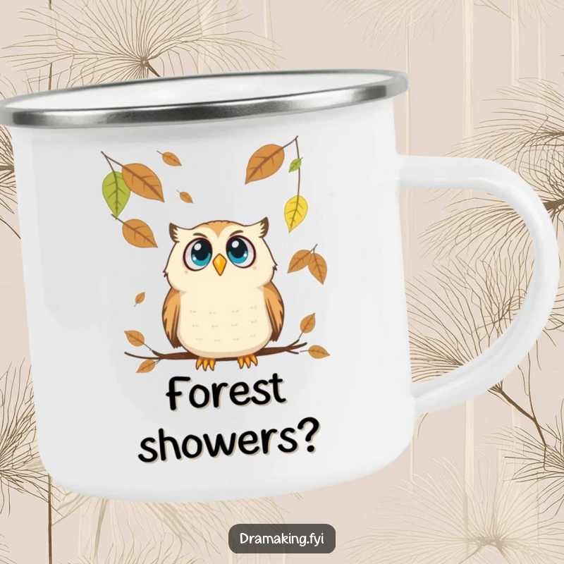 Funny Owl Camping Mug: A wide-eyed owl looks comically surprised by oversized falling leaves during an outdoor adventure.