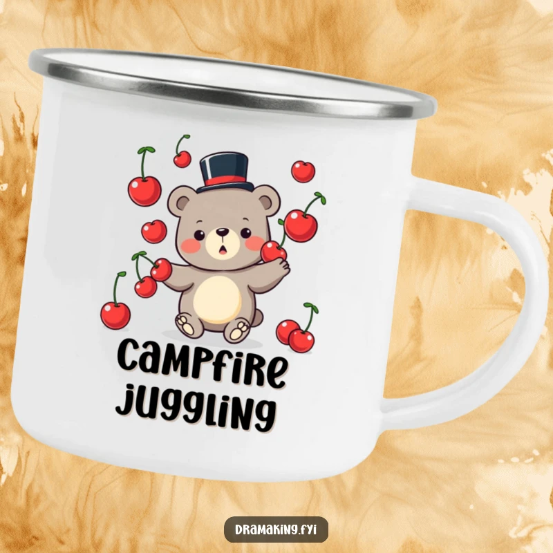 Funny Bear Camping Mug depicting a whimsical bear juggling cherries, designed for outdoor fun and humor.